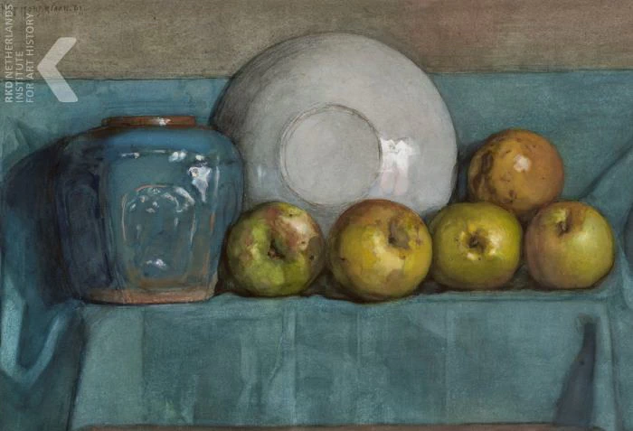Mele, vaso di zenzero e piatto su una sporgenza del 1901